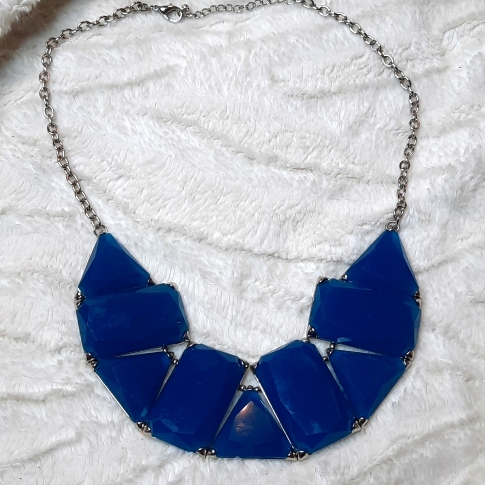 Bright  Blue and Silver Statement necklace bib large
